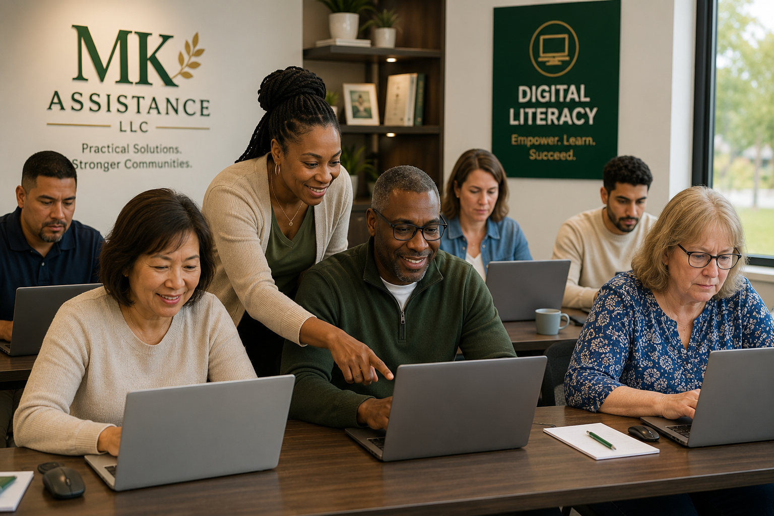 Adults receiving computer training during an MK Assistance digital literacy class.