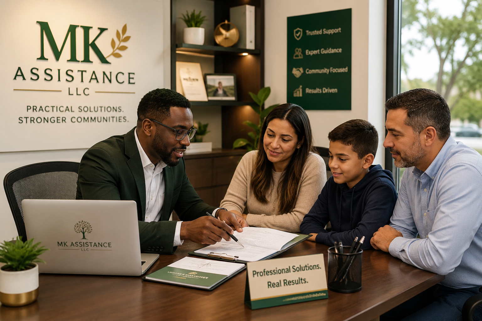 MK Assistance consultant meeting with a family to review services.