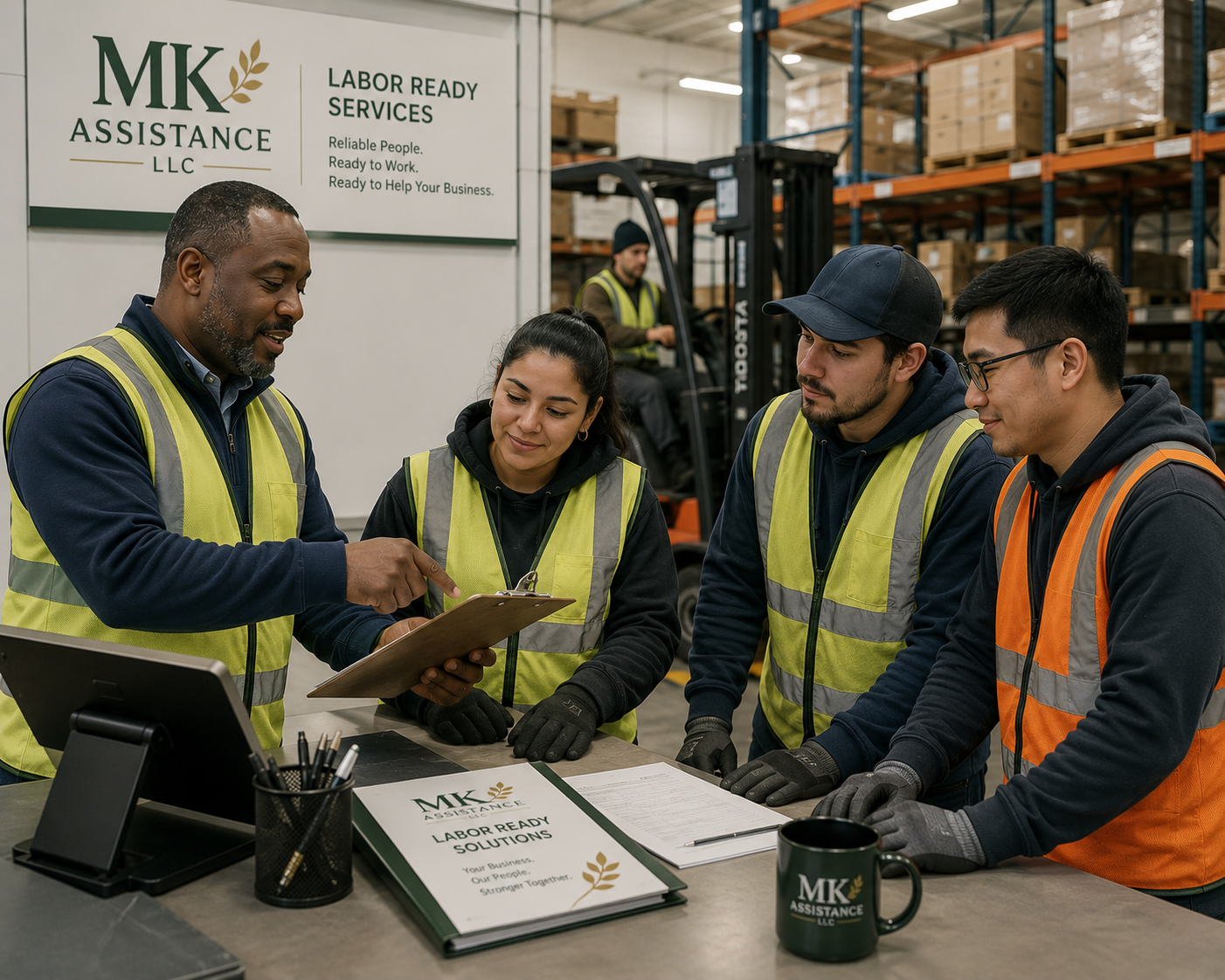 Job-ready warehouse workers receiving workplace instructions.