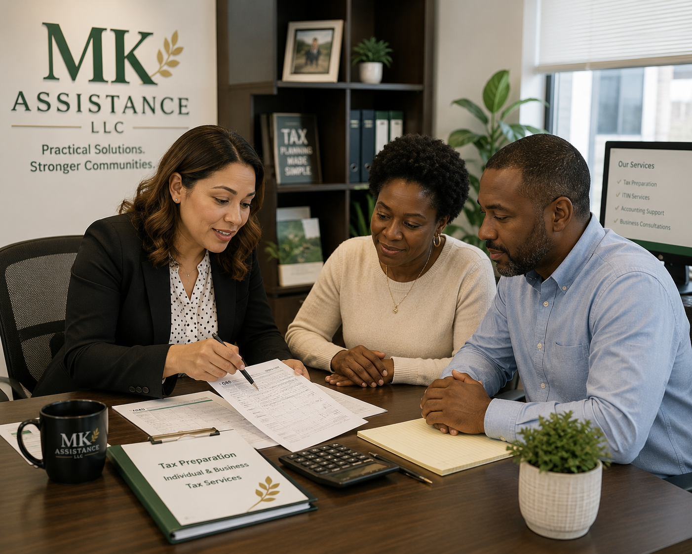 Tax professional helping clients prepare tax documents.